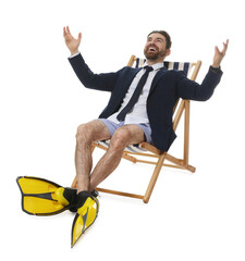 Businessman with flippers in deck chair on white background © New Africa