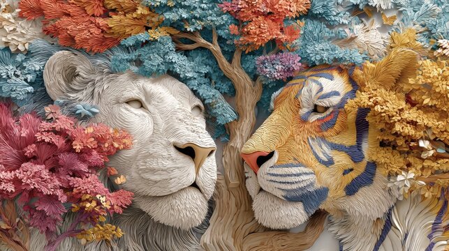 Artistic wall mural with sculpted white lion and tiger heads surrounded by vibrant multicolored tree in modern living room interior
