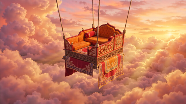 Floating Ornate Howdah in Pink and Orange Clouds
