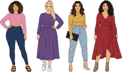 Fashion diversity, stylish women, trendy outfits, casual chic, modern clothing, street style, seasonal wardrobe, feminine looks, lifestyle illustration, vector art