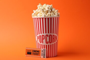 Tasty popcorn in paper cup and movie ticket on orange background