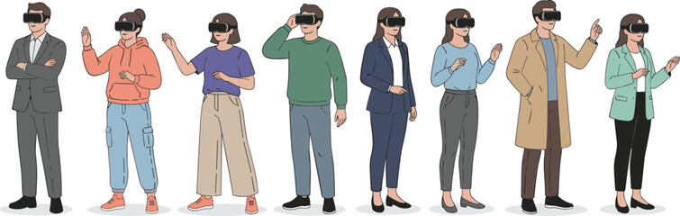 Group of diverse people wearing VR headsets, interacting with virtual environment, immersive tech, digital experience, future technology, innovation