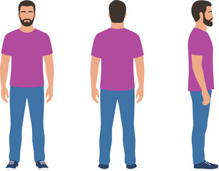 Male character reference, front side back view, casual outfit, animation model, design asset, cad drawing flat vector illustration