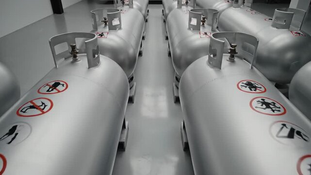 A row of silver gas cylinders in an industrial facility, with safety labels and reflections in view