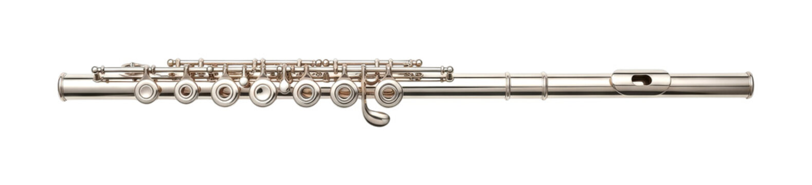 Shiny silver flute musical instrument with intricate keys gleaming brightly, ready to create beautiful melodies and classical music.