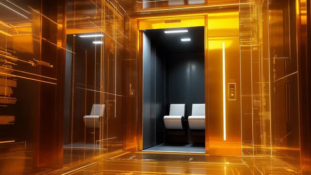 Futuristic golden elevator transporting digital data and network