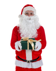 Santa Claus with Christmas gift on white background