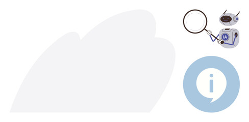 Robotic device with magnifying glass examining details, accompanied by i information icon. Ideal for technology, automation, research, analysis, support, learning innovation. Simple flat metaphor