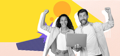 Two happy friends raise their arms in joy while holding a laptop. They share an outdoor moment of celebration against a vibrant yellow backdrop filled with fun shapes and colors.