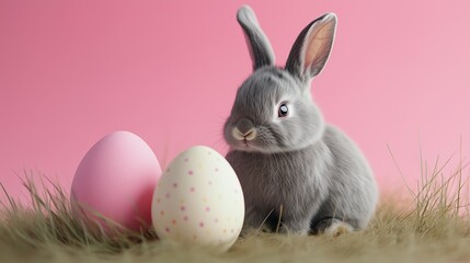 Fototapeta premium Easter Bunny with two colorful eggs on a pink background - Minimalistic Spring Greeting Card