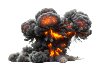Powerful fiery explosion erupts with dense dark smoke and bright orange flames, creating a dramatic, destructive, and intense visual effect.