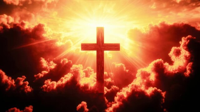 Wooden Cross Floating in Sky with Brilliant Divine Golden Light