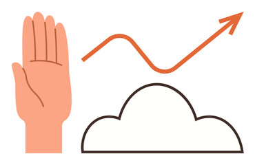 Open hand raised next to cloud and upward-curving arrow symbolizing growth, success, potential, or progress. Ideal for business, analytics, leadership, innovation, motivation teamwork career
