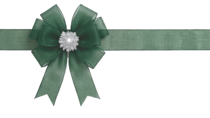 Lush green organza ribbon with silver decoration isolated on white background, perfect for website headers, banners, Christmas holiday decorations, or design projects.