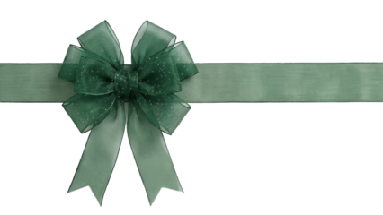 Lush green organza bow with silver glitter center on a horizontal ribbon, isolated on white. Ideal for festive website headers, banners, gift designs and decorative projects.