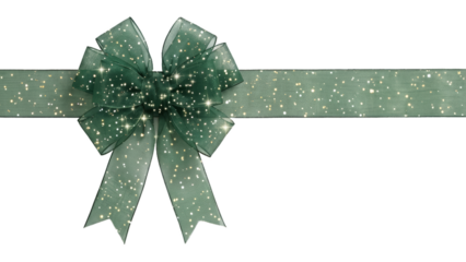 Decorative green organza bow on horizontal ribbon with silver sparkles, isolated on white background, festive and elegant design.