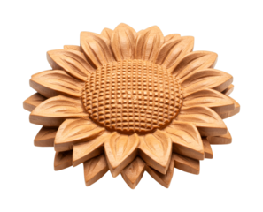 Carved wooden sunflower decoration featuring intricate details and a warm, natural texture, showcasing traditional craftsmanship and a beautiful floral design.