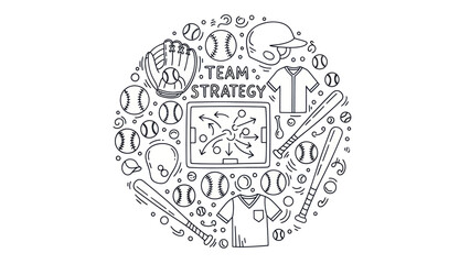 Baseball equipment and strategy illustration on white background