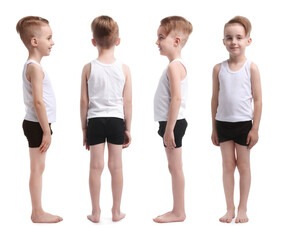 Obraz premium Little boy in underwear on white background. Set of portraits, view from different sides