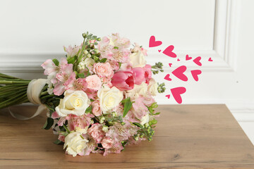 Bouquet of beautiful flowers and hearts on romantic greeting card