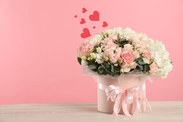 Bouquet of beautiful flowers and hearts on romantic greeting card