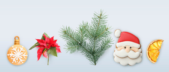 Christmas and New Year stuff on light blue background, collection