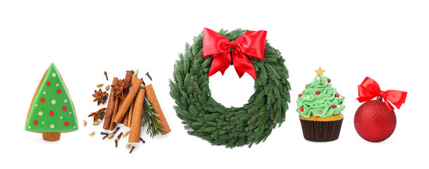 Christmas and New Year stuff isolated on white, collection