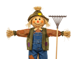 Charming scarecrow doll stands holding a rake, dressed in overalls and a hat, ready for autumn harvest decorations and farm-themed festivities.