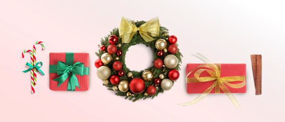 Christmas and New Year stuff on pink gradient background, collection