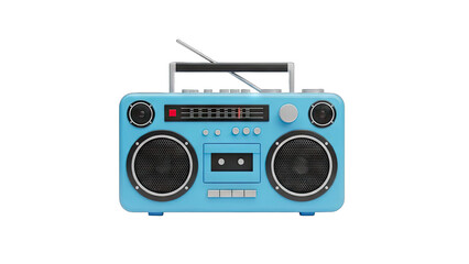 Retro blue boombox with silver antenna and speaker grills isolated on black background detailed vintage audio device for music playback and entertainment