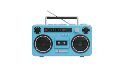 Retro blue boombox with silver antenna and speaker grills isolated on black background detailed vintage audio device for music playback and entertainment
