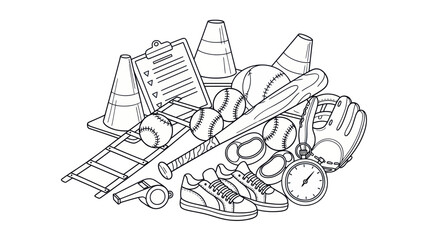Baseball equipment illustration balls bat glove cones and accessories