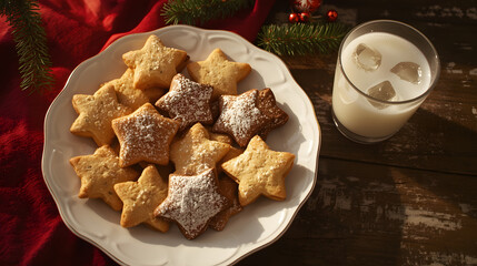 A delicate china plate filled with an assortment of star-shaped cookies, freshly baked and lightly dusted with powdered sugar, sits beside a chilled glass of milk on a rustic wooden table, adorned wit