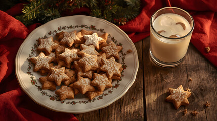 A delicate china plate filled with an assortment of star-shaped cookies, freshly baked and lightly dusted with powdered sugar, sits beside a chilled glass of milk on a rustic wooden table, adorned wit
