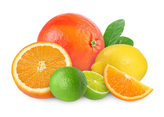 Citrus fruits isolated on white. Fresh orange, lemon, limes and grapefruit
