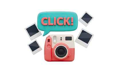 Retro Camera Capturing Instant Photos With A Click Speech Bubble In Pink And Teal Against A Transparent Background