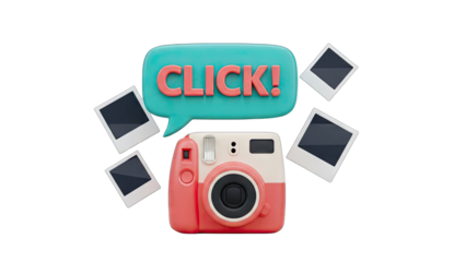 Retro Camera Capturing Instant Photos With A Click Speech Bubble In Pink And Teal Against A Transparent Background