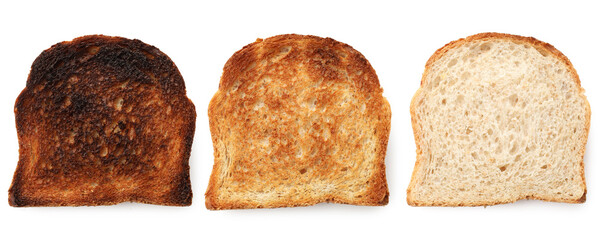 Toasts of different degrees of browning isolated on white, collection