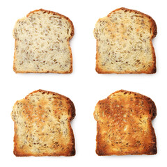 Toasts of different degrees of browning isolated on white, collection