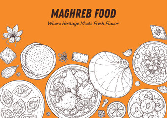Maghrebi cuisine top view vector illustration. Food menu design template. Hand drawn sketch. Maghreb food menu. Vintage style. Vector drawing illustration.