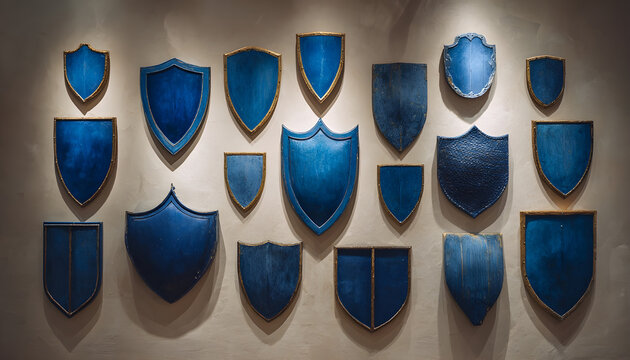 A collection of blue shields displayed on a wall
