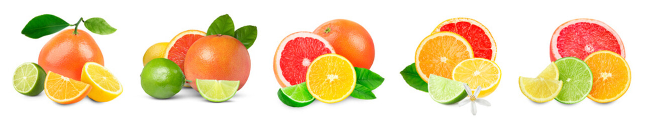 Set of various citrus fruits isolated on white