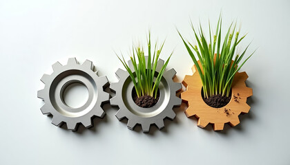 Eco-friendly concept showing metal and wooden gears interlocked, with vibrant green grass and soil sprouting from the centers, symbolizing sustainable engineering
