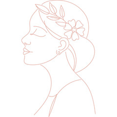 Minimalist line art woman with flower portrait illustration, vector