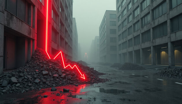 A dramatic, post-apocalyptic scene depicting a red neon line graph plummeting into a pile of rubble and debris on a wet, foggy street, symbolizing a catastrophic market crash or economic collapse. - Powered by Adobe