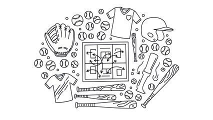 Baseball equipment illustration bats balls glove helmets uniforms and strategy