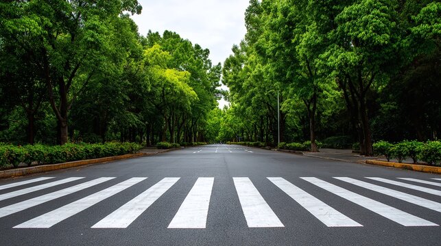 Asphalt road with a zebra crossing leads through a lush canopy of trees, evoking tranquility and urban nature. A perfect blend of city infrastructure and greenery.