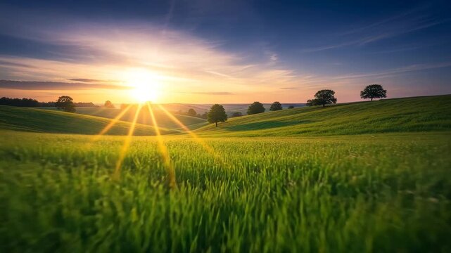 Beautiful sunrise over green field with trees in the distance