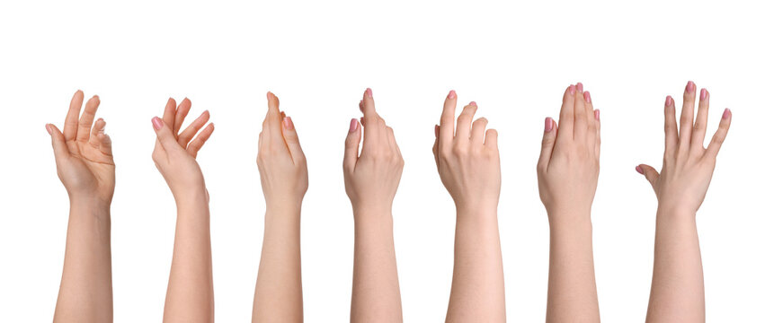 Female hands isolated on white, collection of photos