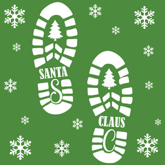 Silueta de huellas de santa claus con copos de nieve, huellas para impresi&oacute;n blancas sobre fondo verde con el nombre de santa claus dentro de la huella